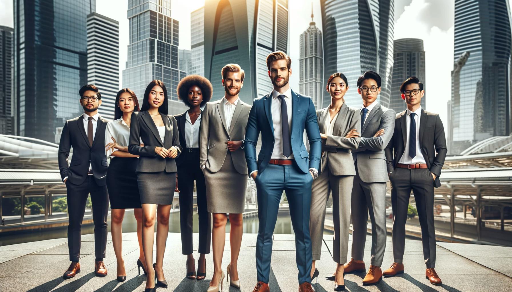 A group of professionals from diverse backgrounds standing together, dressed in business attire. They are smiling at the camera, projecting confidence and collaboration.